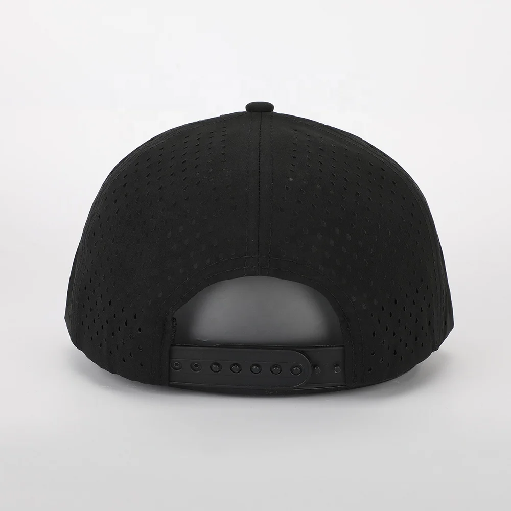 BSCI Oem Custom High Quality 6 Panel Flat Bill PVC Patch Logo Sport Snapback Cap Waterproof Laser Cut Hole Perforated Hat