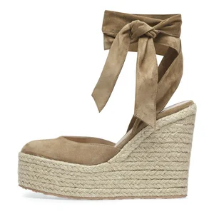 Closed Toe Wrap Around Heels Platform Chunky Wedges Heel Sandals Ankle Strap Cheetah Leopard Suede Espadrilles