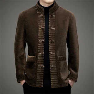 Best Selling Chinese Style Men's Casual Solid Color Long Sleeves Stand Collar Fleece Wool Jacket