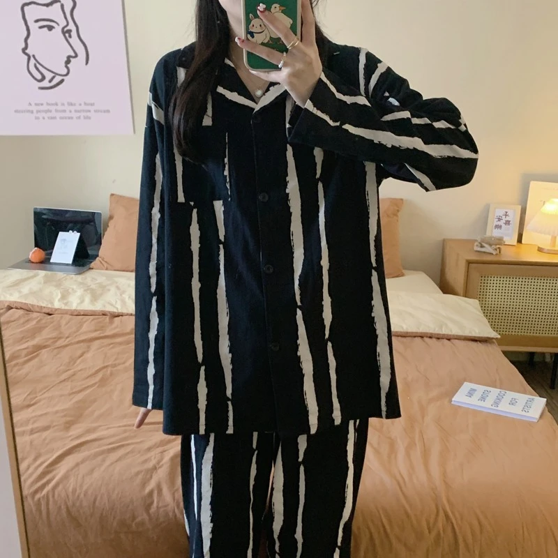 Factory-Designed Home Clothing Set for Spring Autumn New Breathable Cotton Cardigan Long Sleeve Pajamas Trousers Sweet Knitted