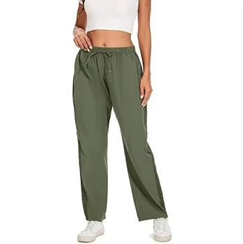 Women's vacation cotton embroidered edge tapered high-waisted drawstring linen loose comfortable beach pant