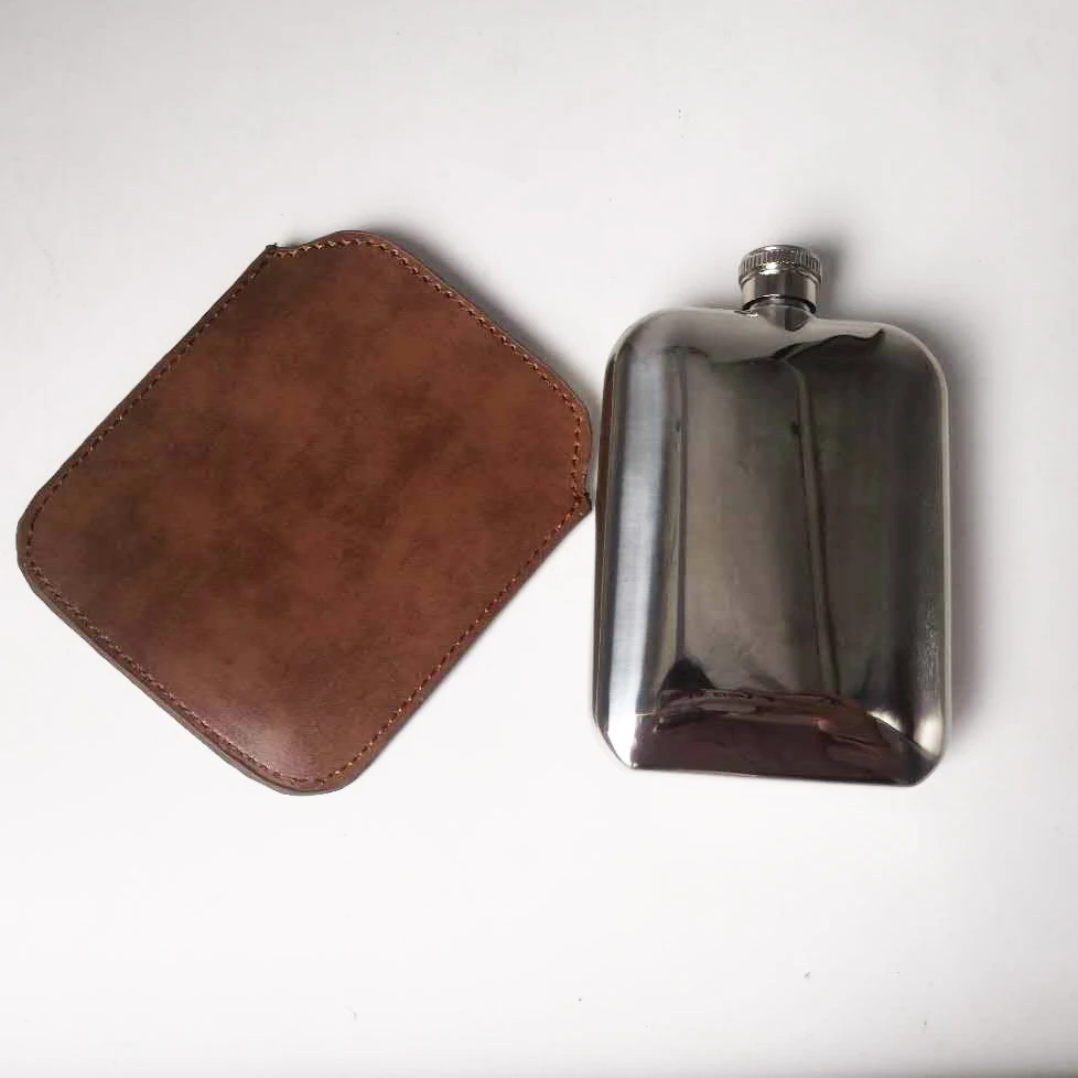Wholesale 6oz  Pewter Hip Flask with Brown Leather Pouch Liquor Flask with Customize Leather Pouch