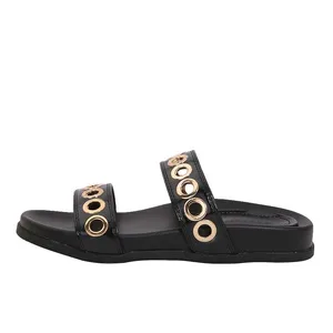ZA2026 Women's Summer Flat Sandals Black One-Strap Breathable Slippers Fashion Embellishment Slip-On Casual Outdoor Platform
