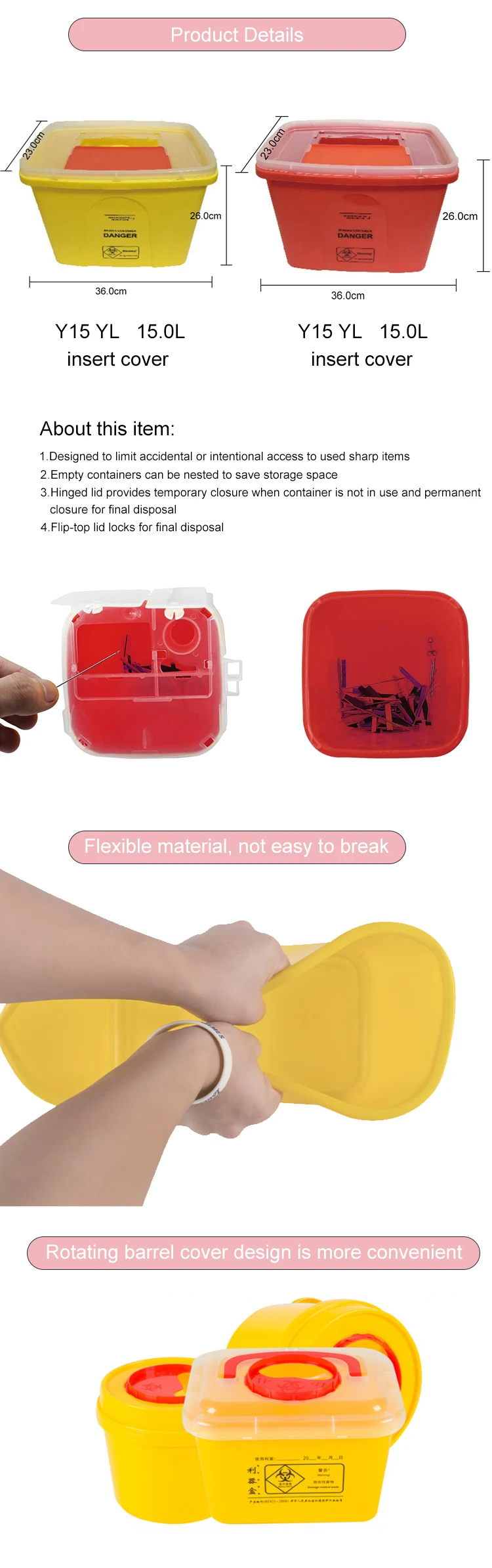 15l Sharps Collection Small Sharps Container With Handle Disposable