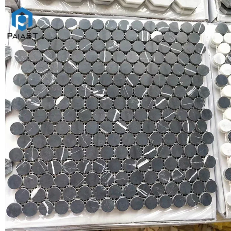 product hot sale black margiua and bianco carrara white marble round shape mosaic tilesmarble tile 1cm thick-0