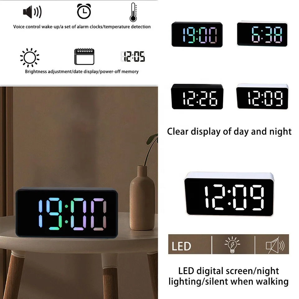 USB/Battery Operated LED Digital Mirror Alarm Clock With Temperature Bedside Desk Snooze Alarm