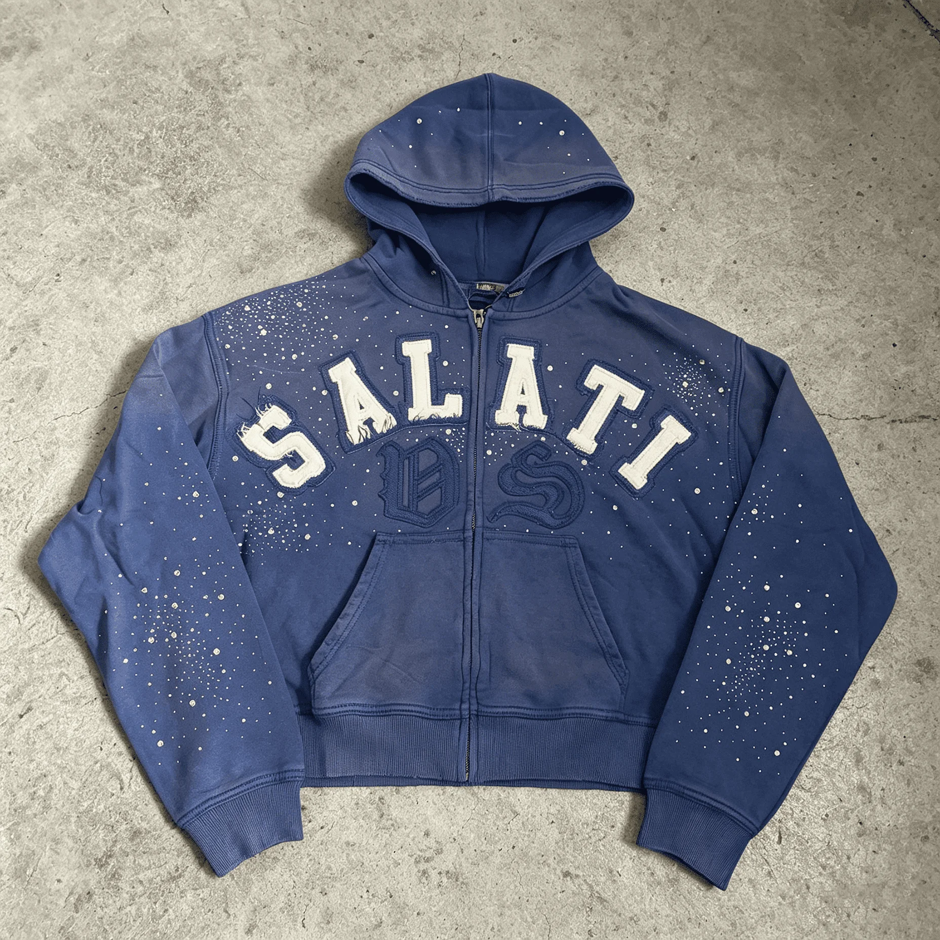 Custom Vintage Wash Rhinestone Zip Up Hoodie Heavyweight French Terry Letter Embroidery Streetwear Cropped Sweatshirt