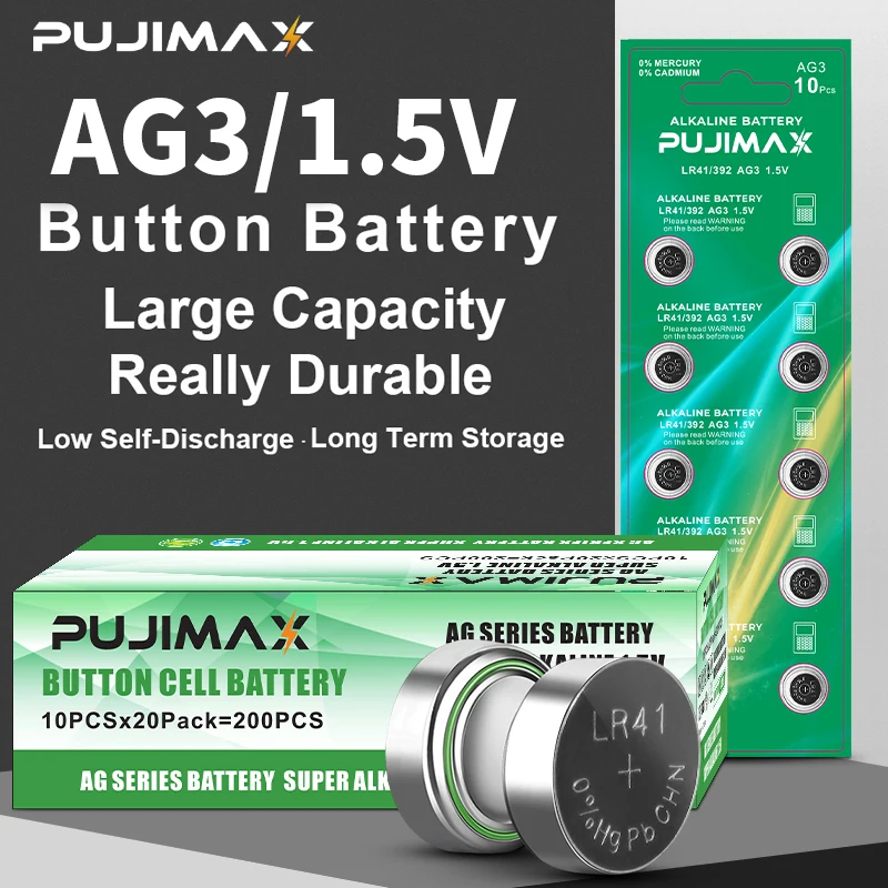 PUJIMAX Original 20pcs Alkaline 1.5v Ag3 Lr41 Ultra Small Coin Battery Pack for Car Toy Watch Remote Control Battery Pack