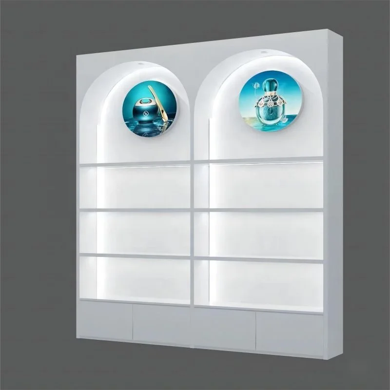 White Retail Shop Cosmetic Display Shelves Wall Storage Design Beauty
