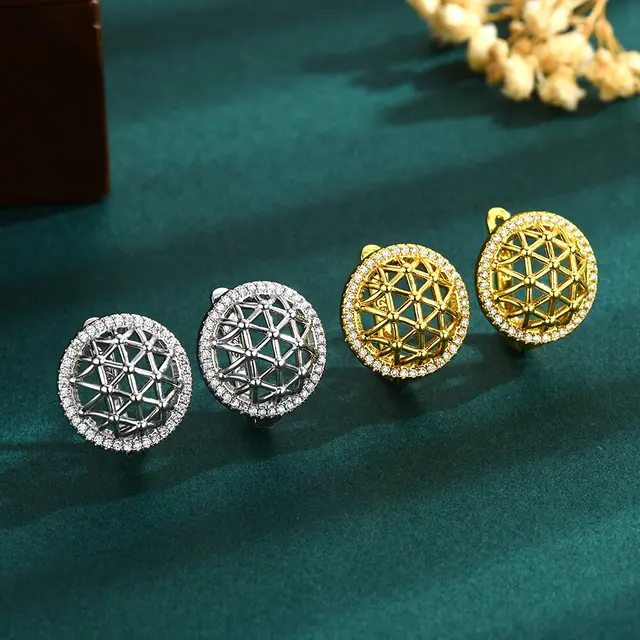 Flower of Life Design CZ Stone Earrings Fashion Jewelry Mesh Dome Round Earring For Women