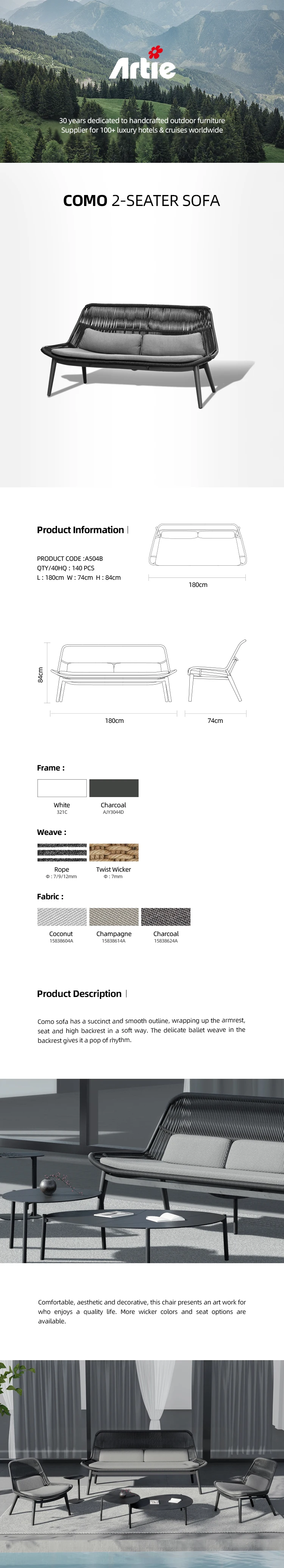 Artie Modern Exterior Furniture Outdoor Couch Uvresistance Rope Weave