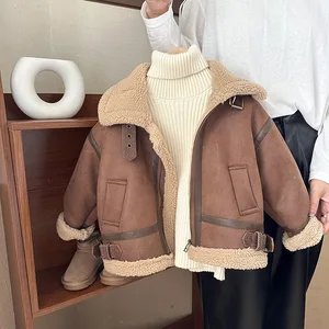 Customized Children's Fleece-lined Stand Collar Oblique Placket Autumn Fashionable Suede Fur Warm Boys Girls Clothes for Kids