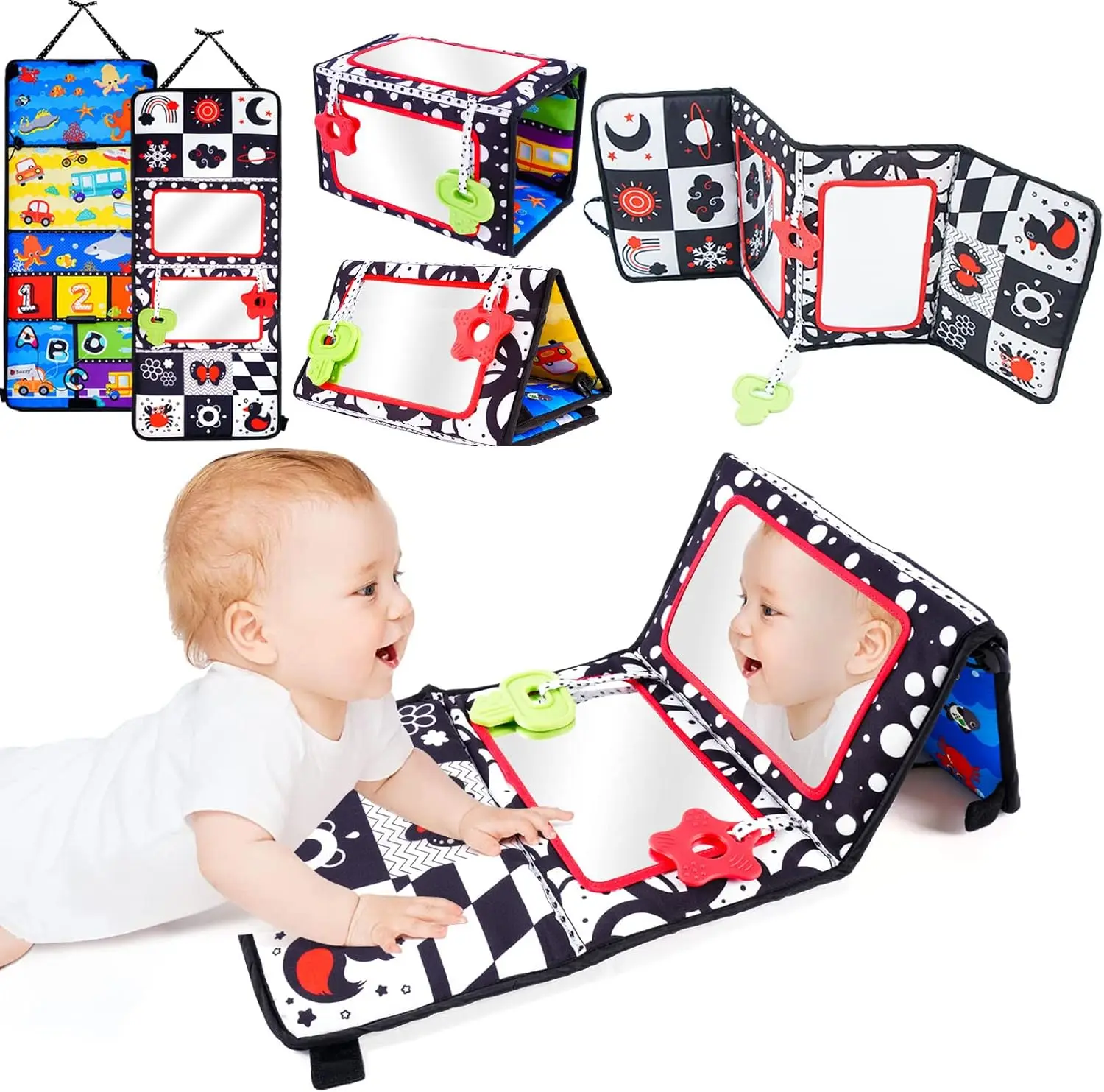 Fox Animal Black and White High Contrast Baby Toy with Teethers Tummy Time  Floor Mirror for Infant Toddler