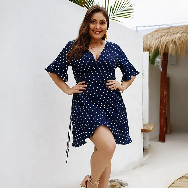 Navy blue polka dot dress plus size best sale