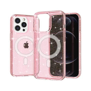 Mobile phone glitter cases for iPhone 15 pro Custom shockproof clear pc magnetic phone case for iPhone 13 14