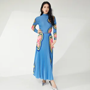 Miyake Women's Casual Stretch Polyester Suit Elegant Pleated Floral Print Two-Piece Set for Spring Fashion