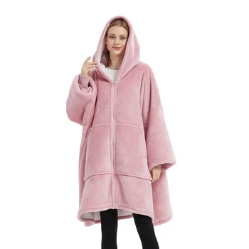 Winter Blanket Hooded Zip Up Wearable Hoodie Blanket Oversized Sherpa Hoodie Blanket Adult Child Home Jumper One Size Fit All