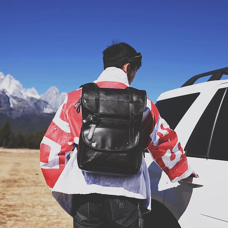 16.5-Inch Fashion PU Leather Laptop Backpack Men Retro Schoolbag Large Capacity Books Waterproof Mochilas Patchwork Teenagers