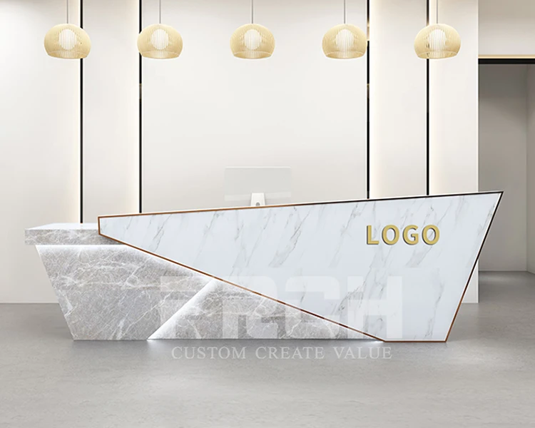 Customize L Shaped White Marble and Gold Reception Desk Marble With ...