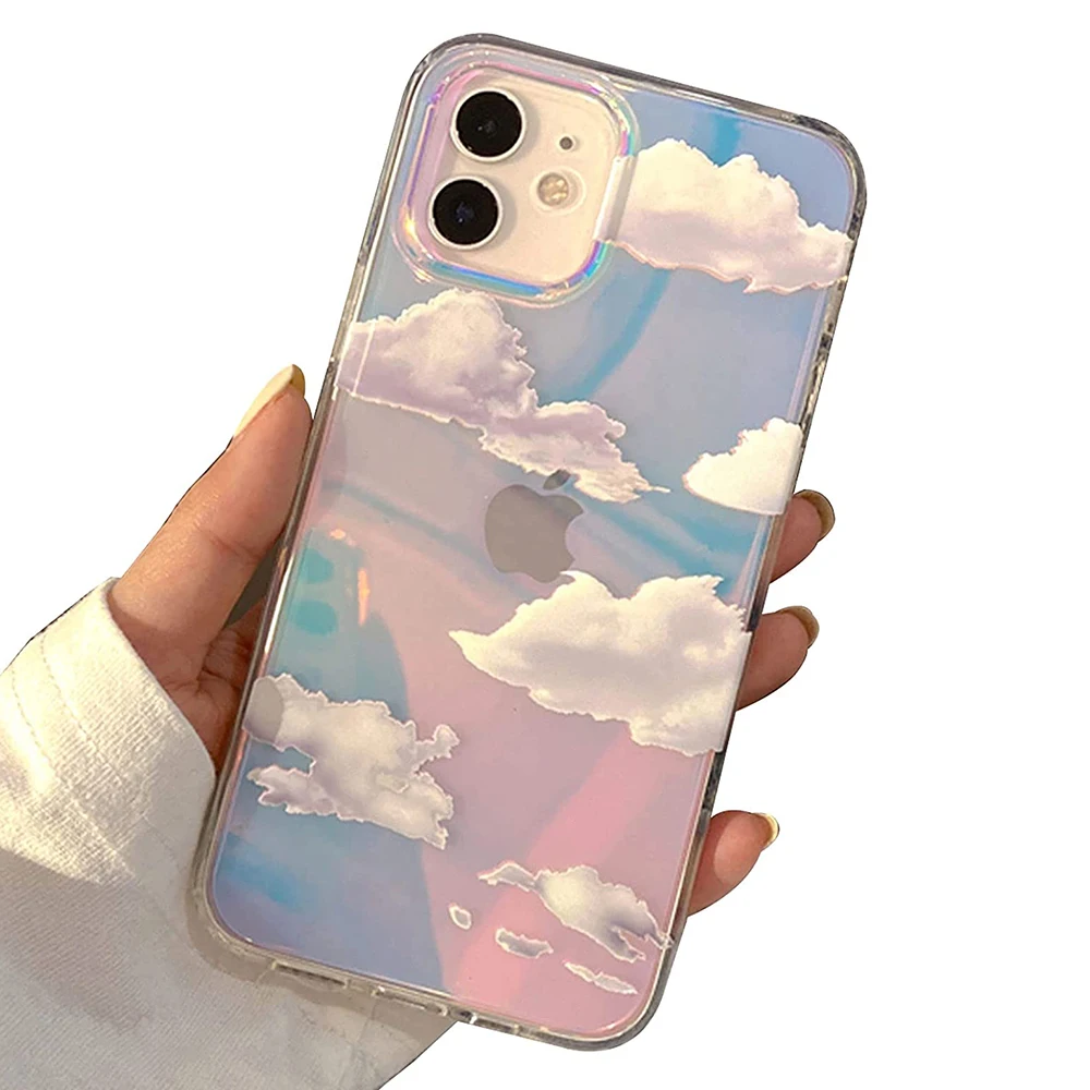 Cute Clear White Cloud Sky Hard Phone Case Holographic Tpu Shockproof ...