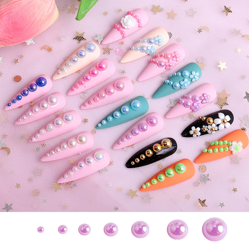 AB Flat Back Nail Diy Charms Bling Accessories Mix Size Semicircle Pearl Nail Art Decoration