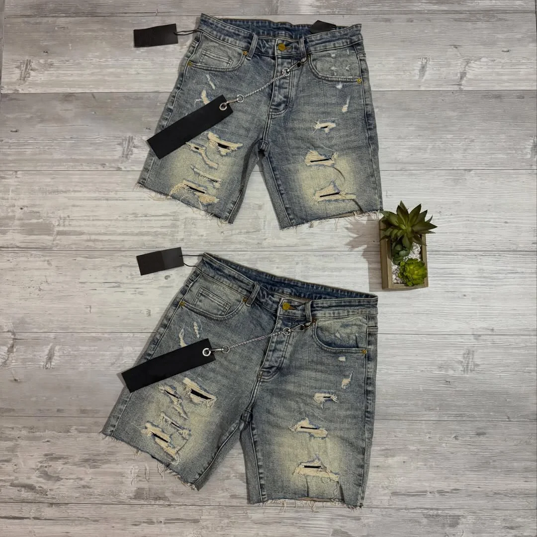 mužské džínsové kraťasy z 100 % bavlny ve stylu vintage streetwear, s ručně rozfoukaným syrovým lemem, možnost personalizace vyšíváním / kovovými kameny / digitálním potiskem DTG