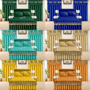 New Hot Sell Design King Size Bright Solid Color Lace Bed Skirt 5 Pieces Quilted Bedspreads Set with Curtains
