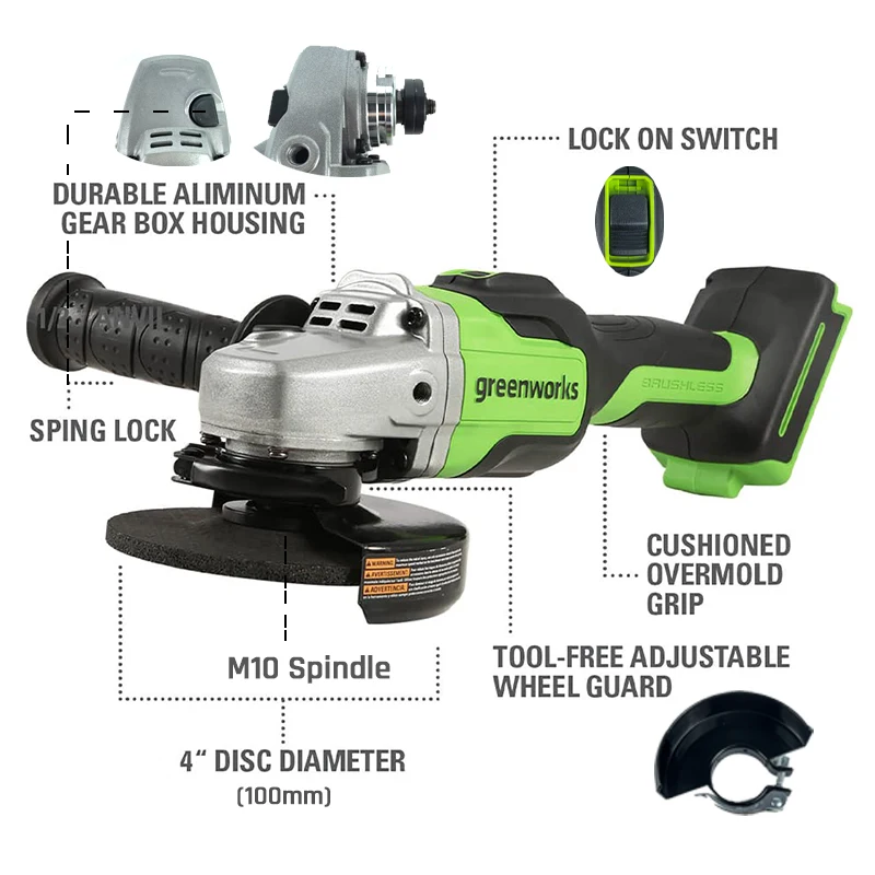 Esmerilhadeira angular Greenworks 24V com motor sem escova, disco de 4 polegadas e eixo M10, 2 velocidades variáveis, 10.500 RPM, bateria de 4Ah e carregador._voghion.com