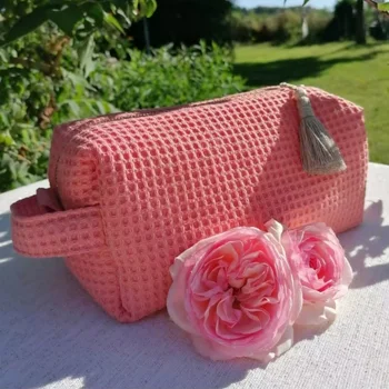 Custom Logo Pink Waffle Fabric Cosmetic Makeup Bag Embroidered Bohemian Style Zipper Closure Cotton Storage Travel