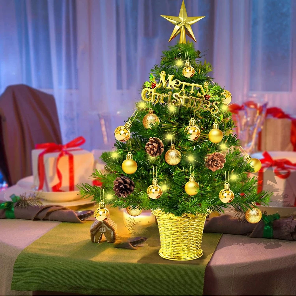 20 Inch Artificial Tabletop Tree 50 CM LED Small Decorated Christmas Trees with Gold Basket