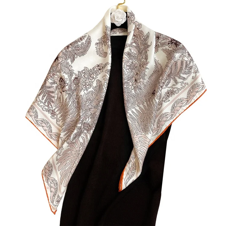 Spring and Autumn Flower Printing Silk Scarf Luxury Retro Print Square Satin Silk Scarf for Women