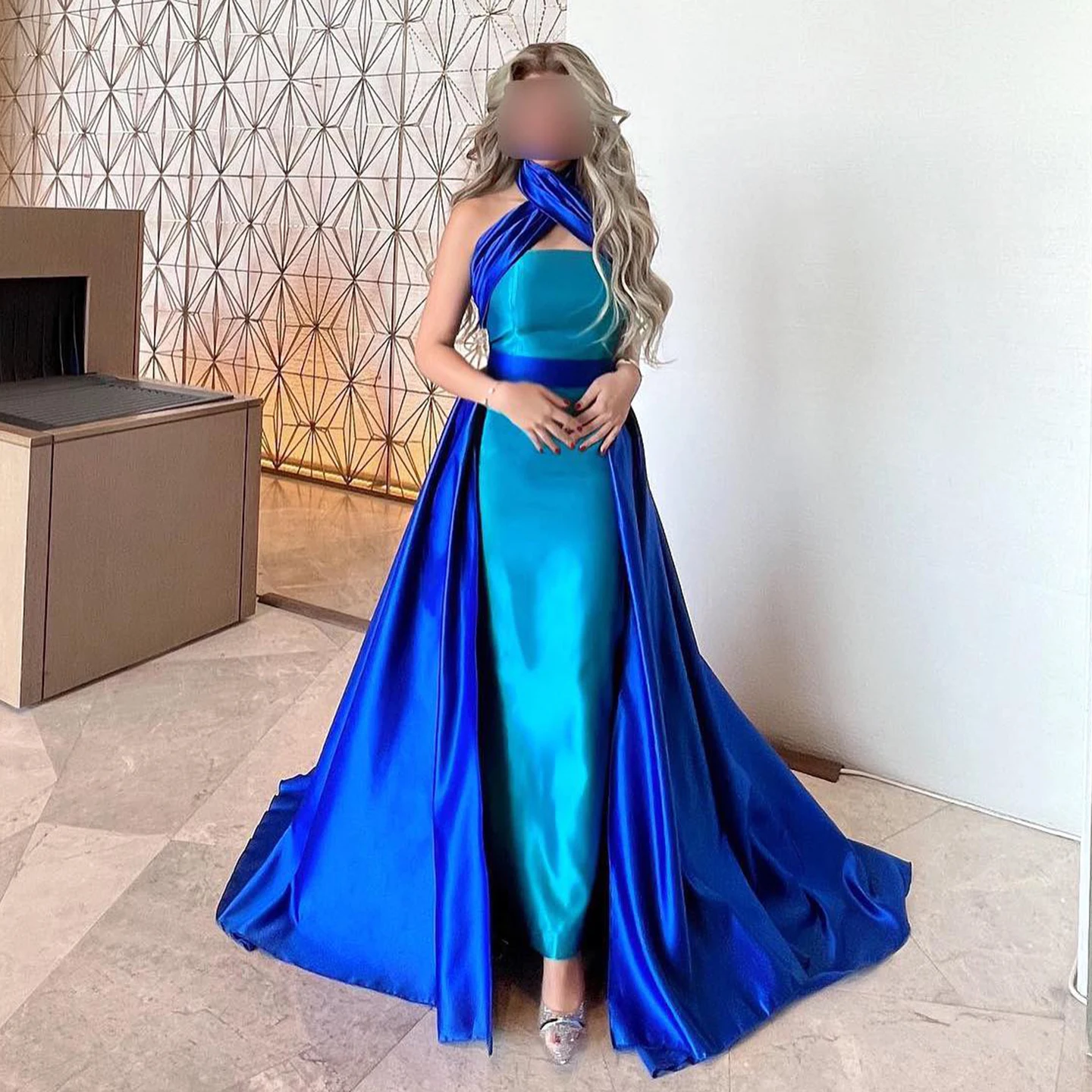Arabic Royal Blue Contrast Turquoise Evening Dress With Overskirt Cross Halter Neck Women Wedding Party Dress SF012 Arabic Royal Blue Contrast Turquoise Evening Dress With Overskirt Cross Halter Neck Women Wedding Party Dress SF012