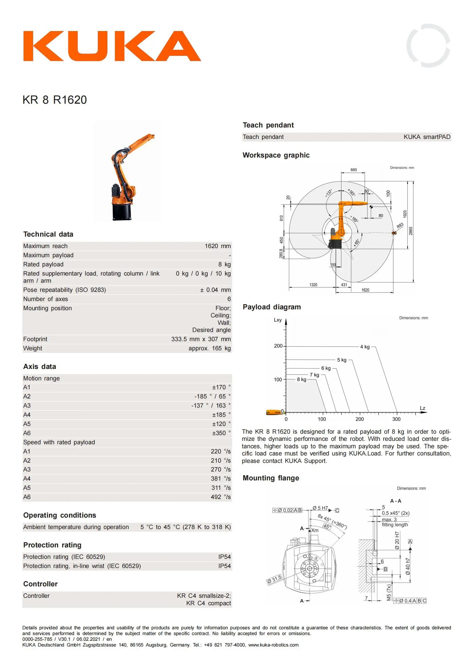 Kuka Manufacturing Flexible Robot Arm Maximum Reach 1620 Mm Controller ...