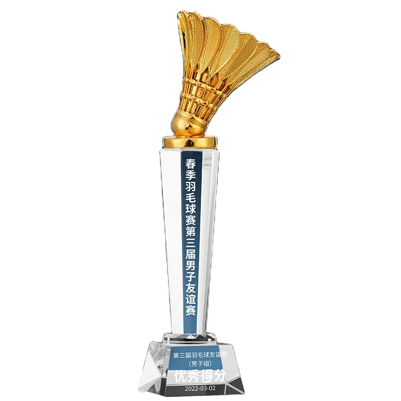 Wholesale Virous Designs Colored Crystal Badminton Game Trophy Sport Event Souvenir Trophy Awards Metal Medals