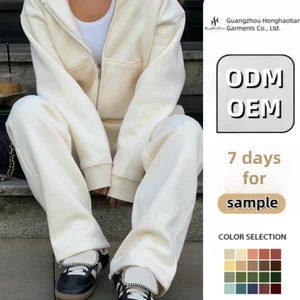 Custom Full Zip Hoodie Set Oversized Sweatshirt Wide Leg Joggers Women Tracksuit Cozy Fleece TwoPiece Outfit Women Loungewear