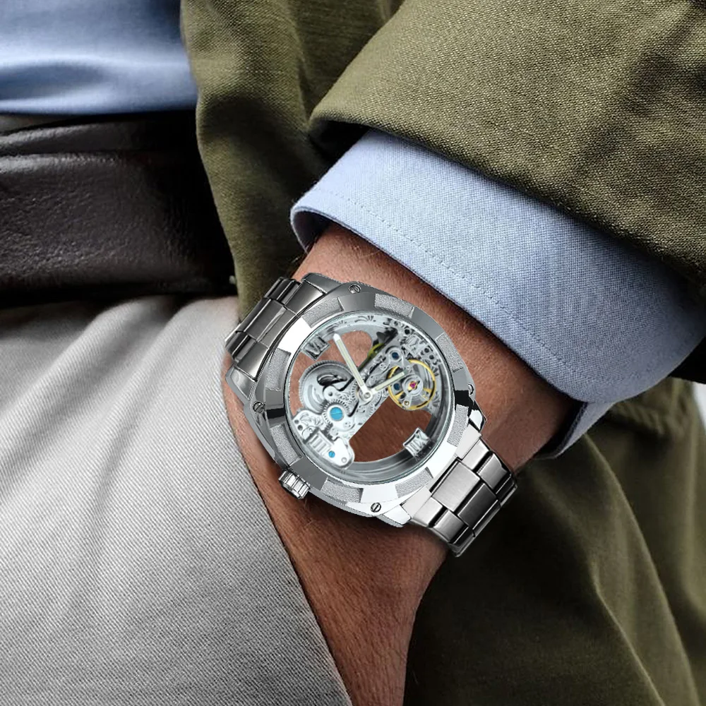 Forsining Watch GMT1165 Men Transparent Design Mechanical Silver Gear Skeleton Stainless Steel Automatic Watches Men