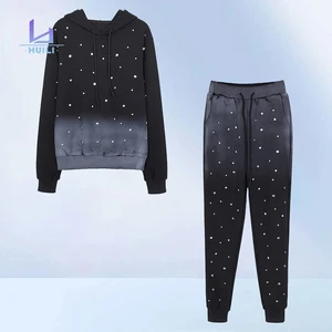 Huili Custom Logo Black Monkey Washed Zip up Jacket Women's Heavyweight Tracksuits Y2K Pearl Embellished Rhinestone Hoodie