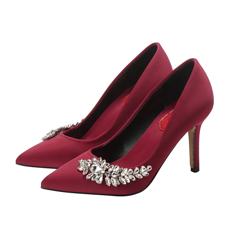 Small And Large Size Pointed Toe Pumps Pyramid Low Heel Rhinestones Wedding Shoes For Bride White - Image 3