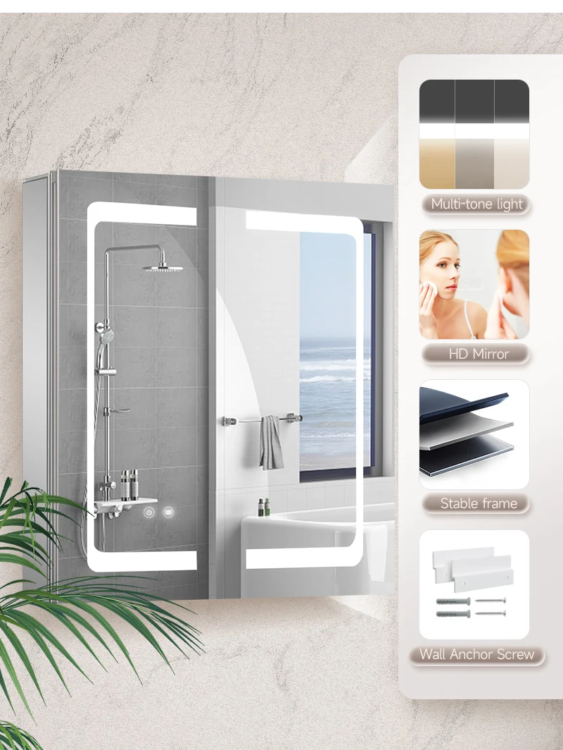 Modern Wall Mounted Aluminum Frame Bathroom Cabinet Double Doors Glass ...
