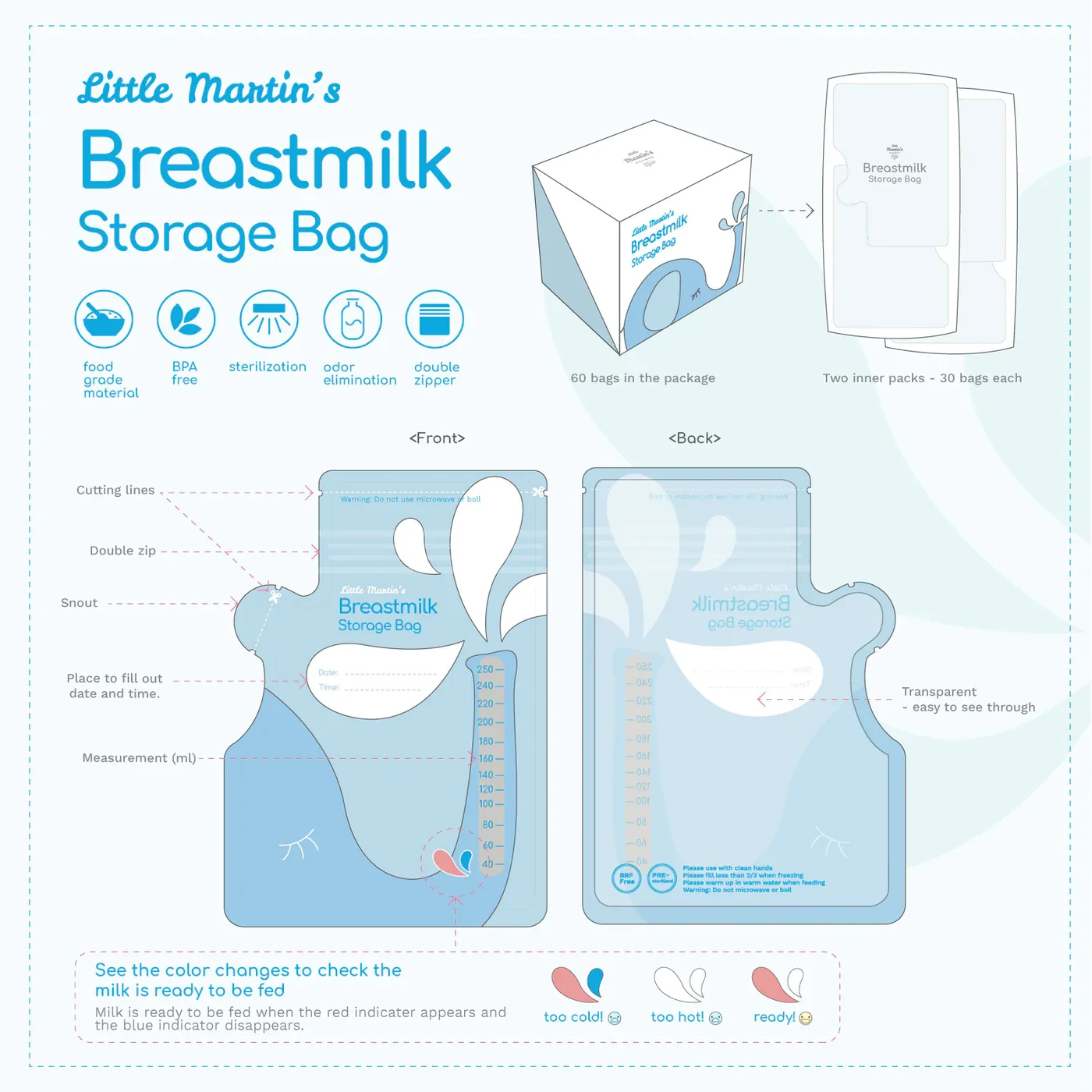 250ml customized double zipper bpa free food grade safty breastmilk storage bags with temperature sensor supplier