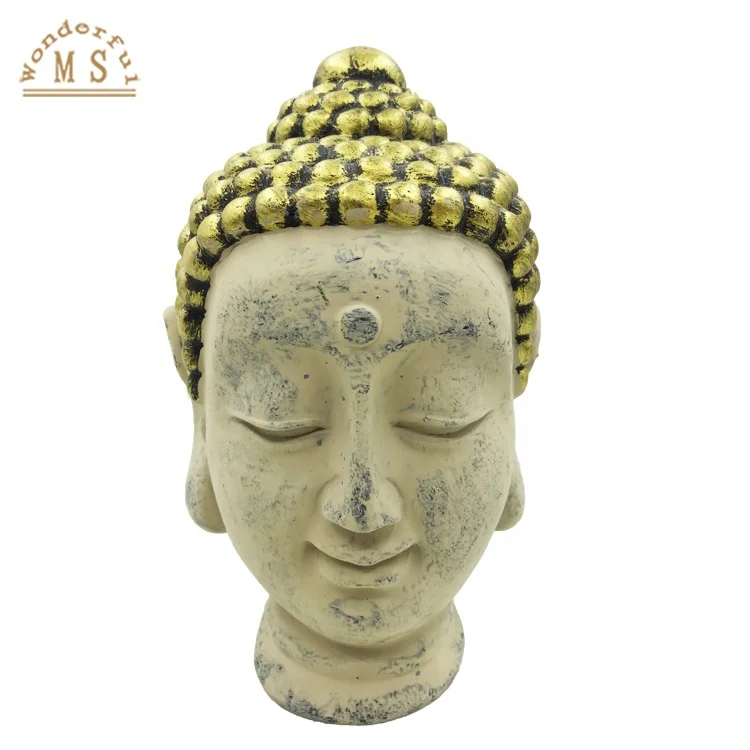 Resin Buddha Statue serene smile shows, Golden Buddha Head and Figurine Tabletop Craft, Terrazzo Color Buddha Head Idol Craft