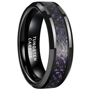 Coolstyle Jewelry 6mm Purple Carbon Fiber Dragon Inlay Black Tungsten Ring Men Women Trendy Engagement Wedding Band Comfort Fit