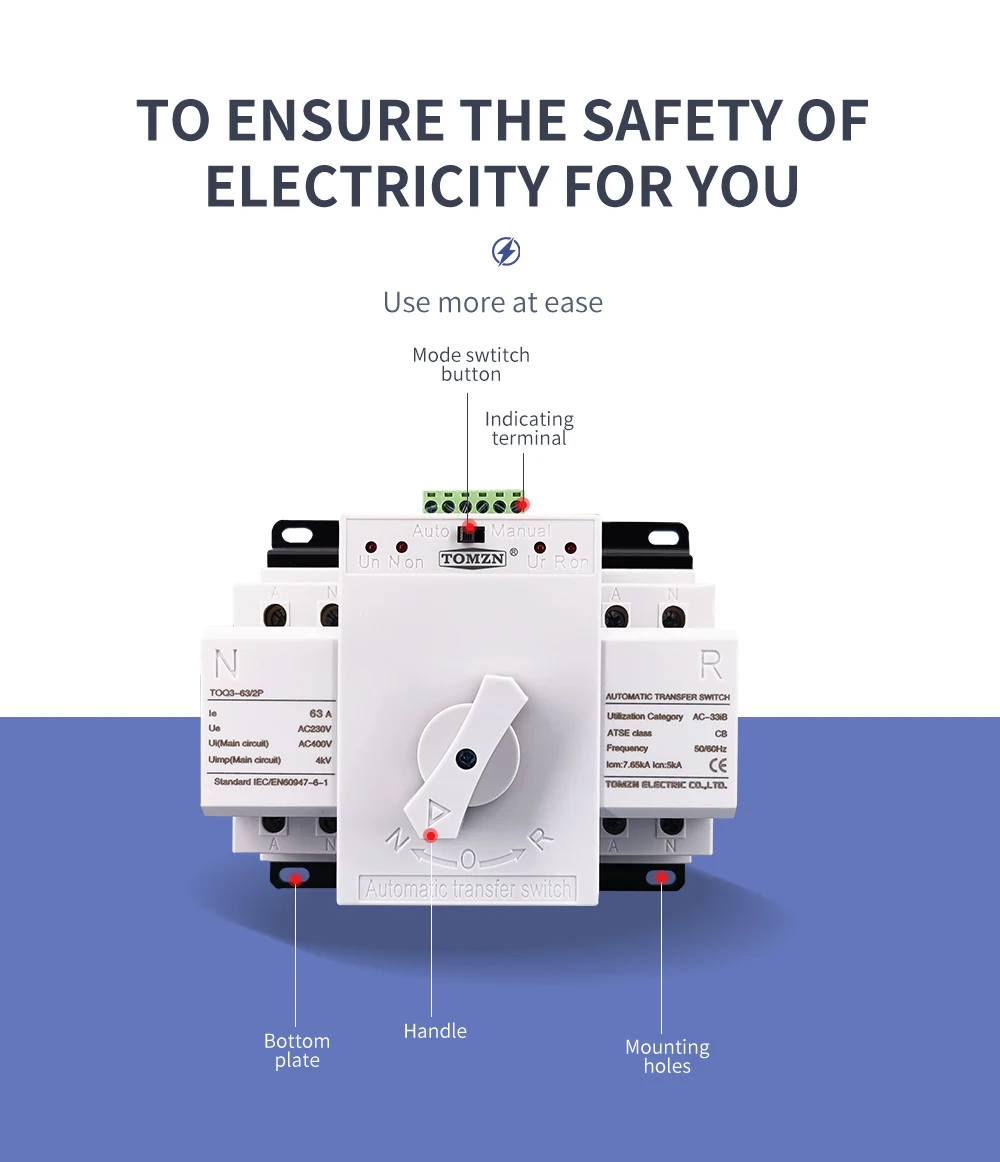 2P 63A 230V MCB Type Dual Power Automatic Transfer Switch ATS