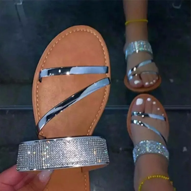 2024 luxury ladies outdoor beach sandals slippers fashion women's rhinestone straps flat slides slippers