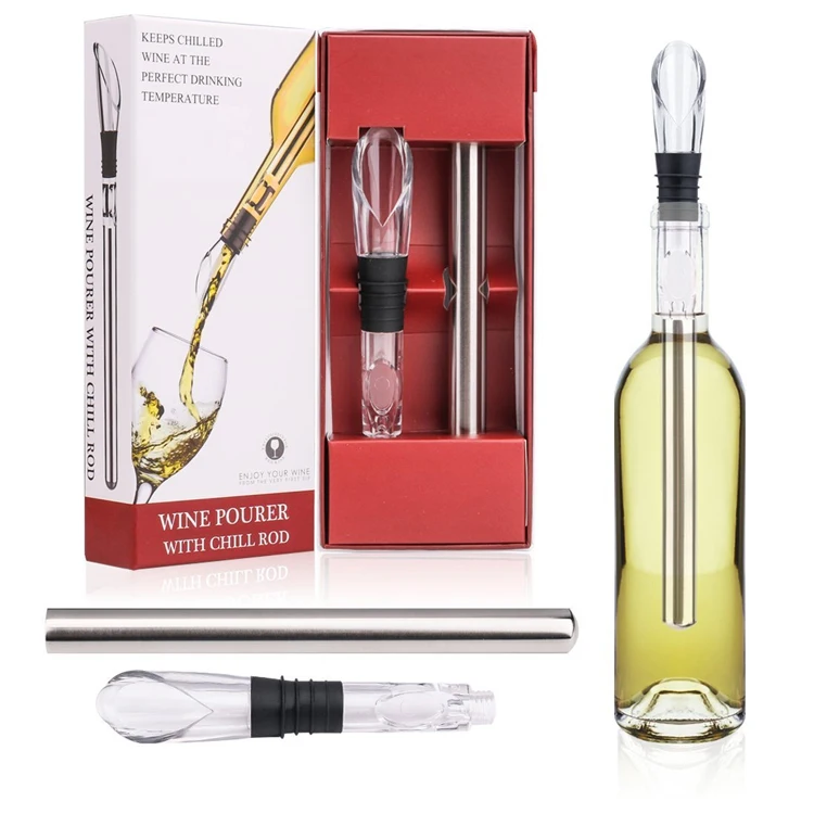Perfect Hostess Holiday Housewarming or Thank You Gift Glaicer Iceless Single Bottle Wine Chiller Stick Aerator and Pourer Set with Free Bonus Stainless Steel Reusable Ice Cubes with Storage Tray