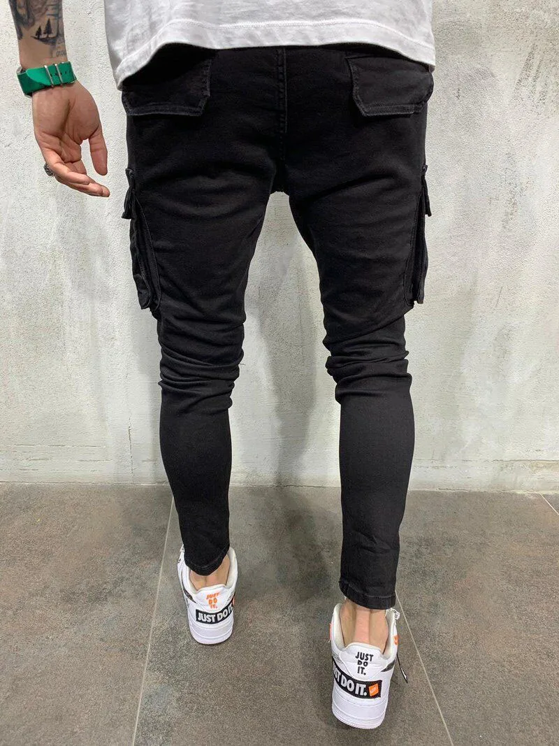 2021 Popular Style Men Multi Pockets Cargo Pants Stretchy Slim Fit Ripped Jeans