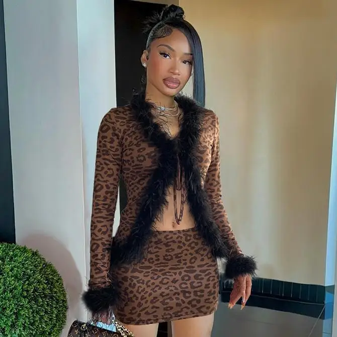 Leopard Fashion Furry Patchwork Cheetah Print Cardigan Long Sleeve Crop Top Mini Skirt