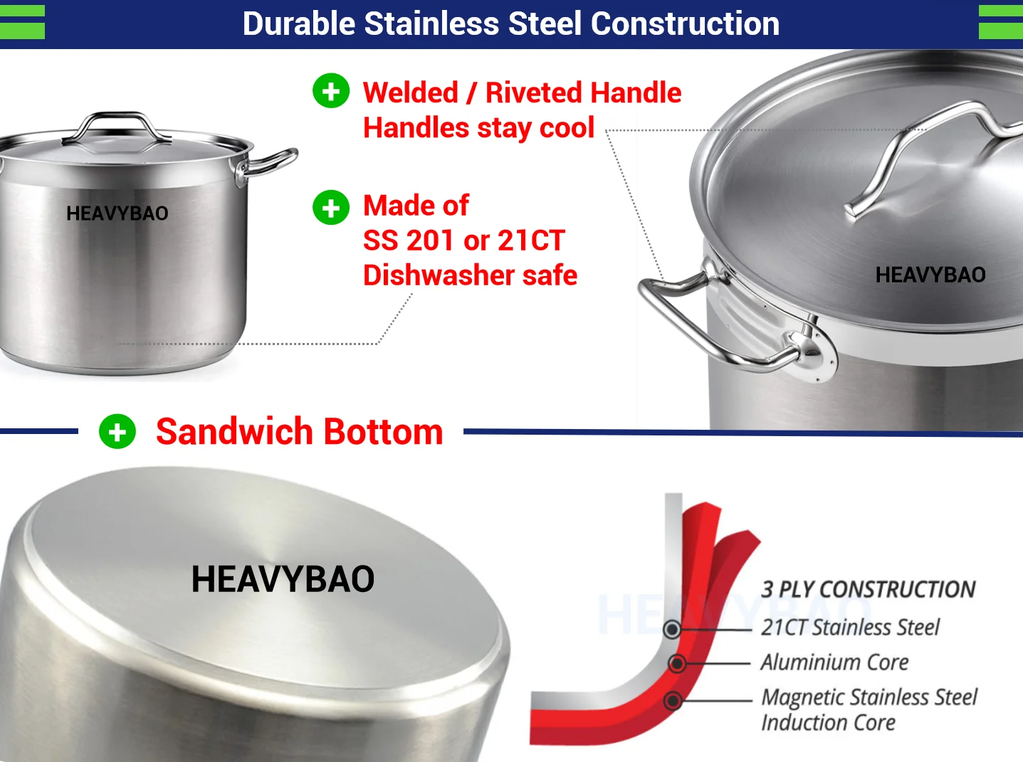 Stainless Steel Heavyduty Large Commercial Induction Saucepan
