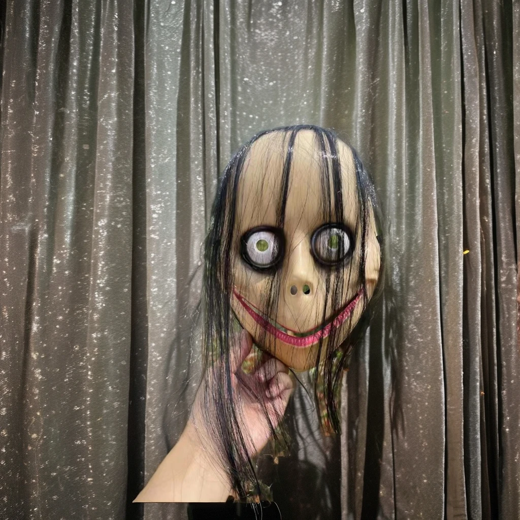 Halloween Female Horror Mask with Wig MOMO Cosplay Costume Props Scary Latex and EVA Material for Decorations