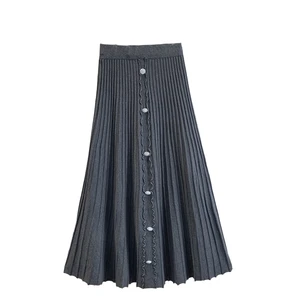 Elegant Women's Knitted Long Skirt with Button Solid Color Wrap for Spring Season Natural Waistline
